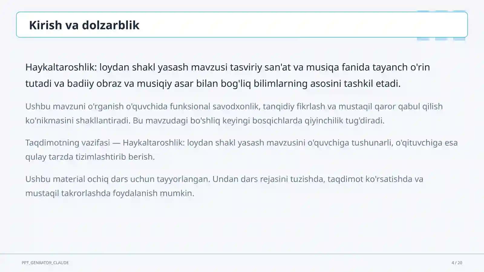 Haykaltaroshlik: loydan shakl yasash (4-sinf) 4