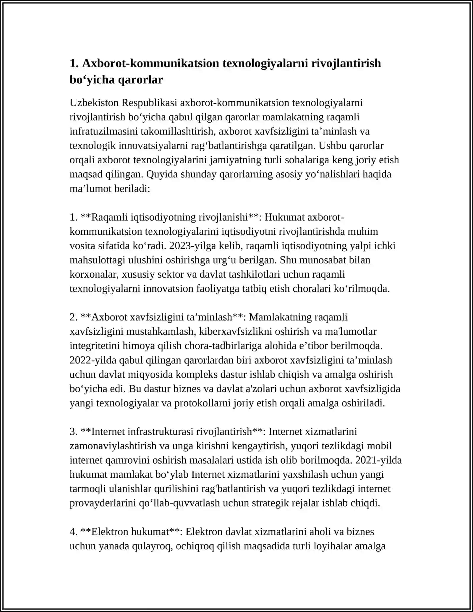 OʻZBEKISTON RESPUBLIKASI AXBOROT–KOMMUNIKATSION TEXNOLOGIYALAR TOʻGʻRISIDAGI QARORLARI 4