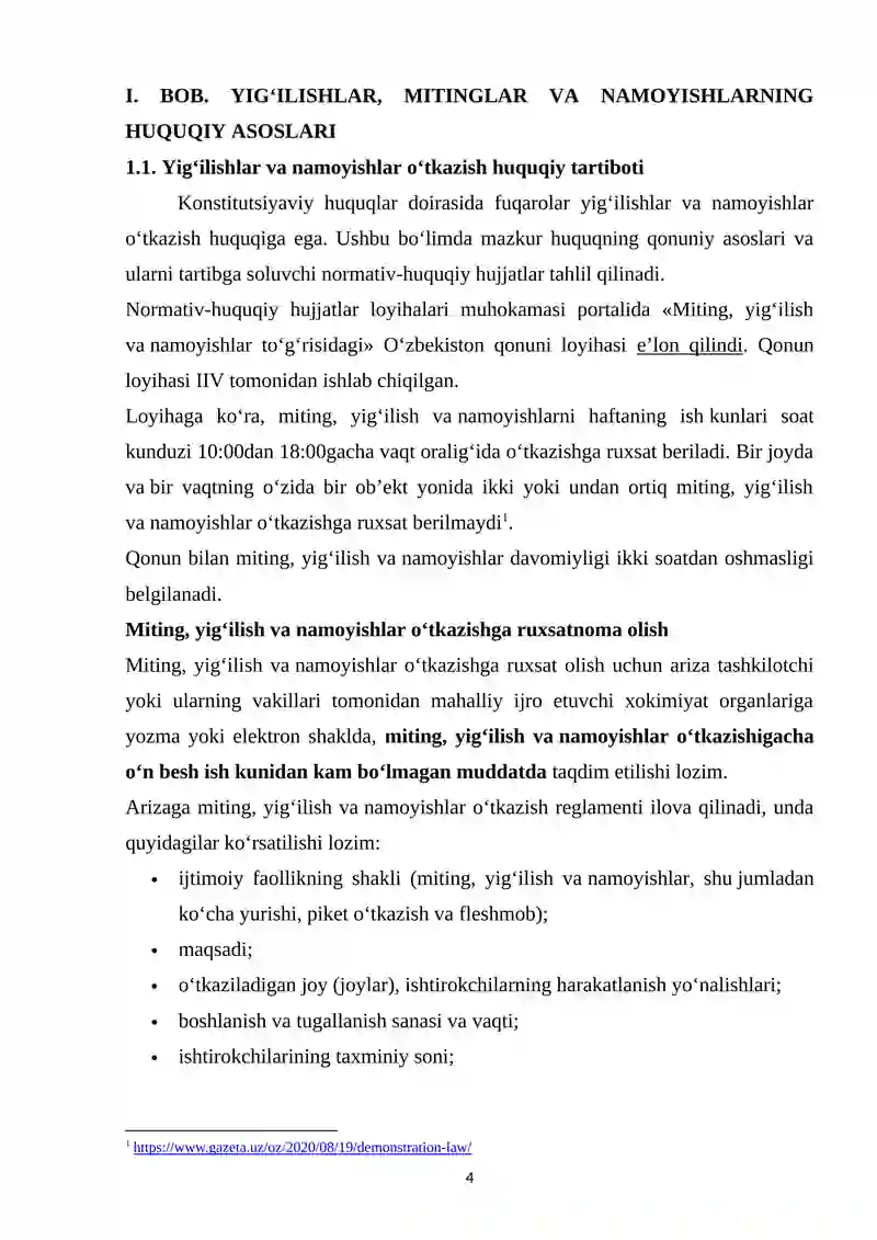 YIG‘ILISHLAR, MITINGLAR, KO‘CHA YURISHLARI YOKI NAMOYISHLAR UYUSHTIRISH, O‘TKAZISH TARTIBINI BUZISHNING JINOIY-HUQUQIY XUSUSIYATLARI 4