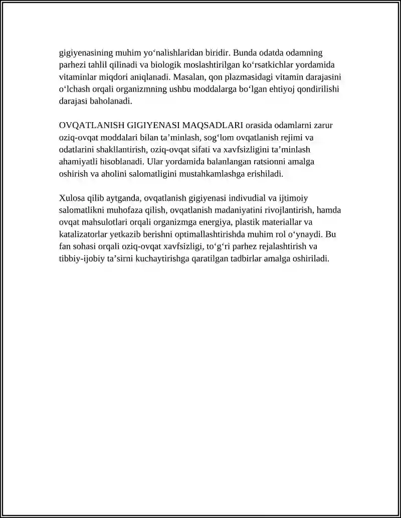 OVQATLANISH GIGIYENASI, MAQSADI VAZIFASI, ASOSIY TUSHUNCHALARI. ORGANIZMNING VITAMINLAR BILAN TA'MINLANGANLIGINI BAHOLASH 4