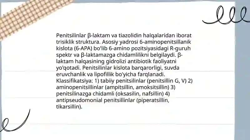 B- laktom antibiotiklar - penitsilinlar va sefolosparinlarning dori vositalari tahlili. (Penitsilin, sefazolin) 4