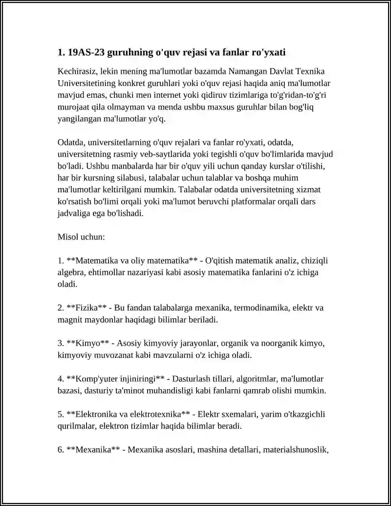 Namangan Davlat Texnika Universiteti 19AS 23 GURUH MUSTAQIL ISH 4