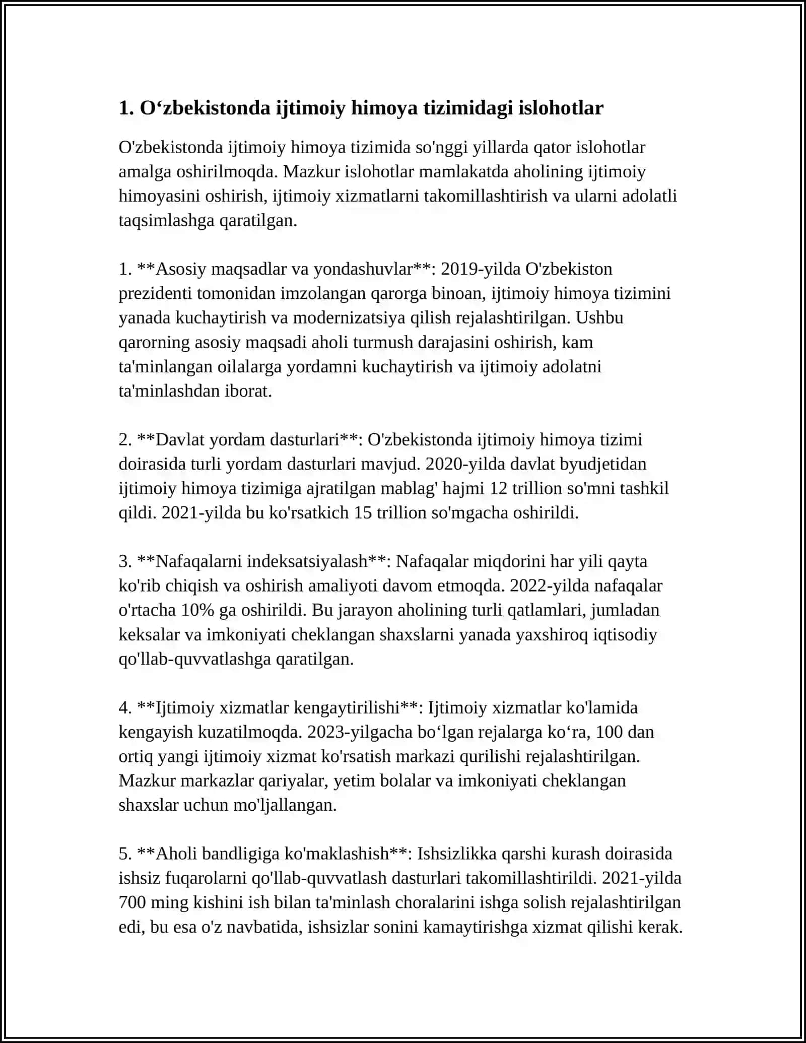 Oʻzbekistonda Ijtimoiy Sohada Amalga Oshirilayotgan Oʻzgarishlar Mazmuni va Mohiyati Mavzusida 15 sahifa Mustaqil Ish 4