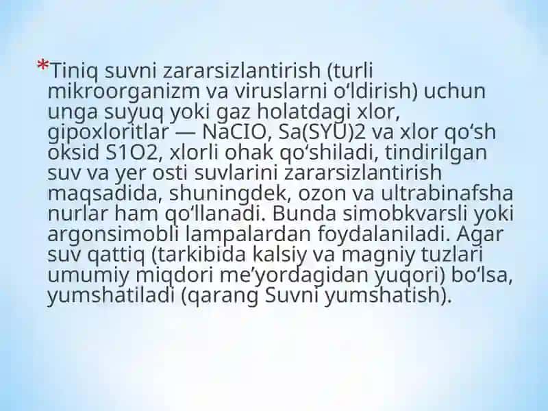 Ichimlik suvi sifatini yaxshilanishining asosiy usullari 4