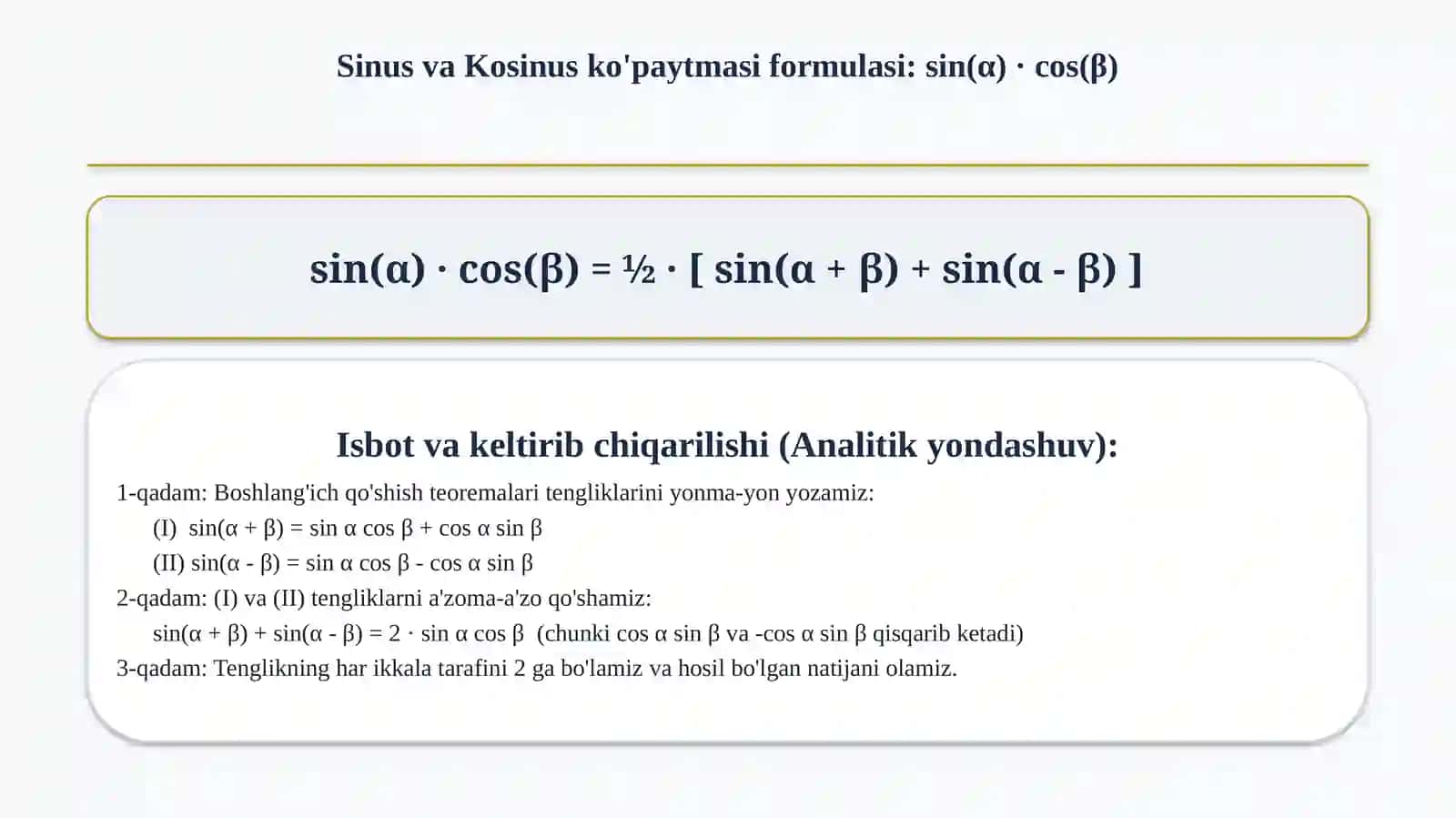 Trigonometrik funksiyalarning ko'paytmasini yig'indiga va aksincha almashtirish formulalari 4