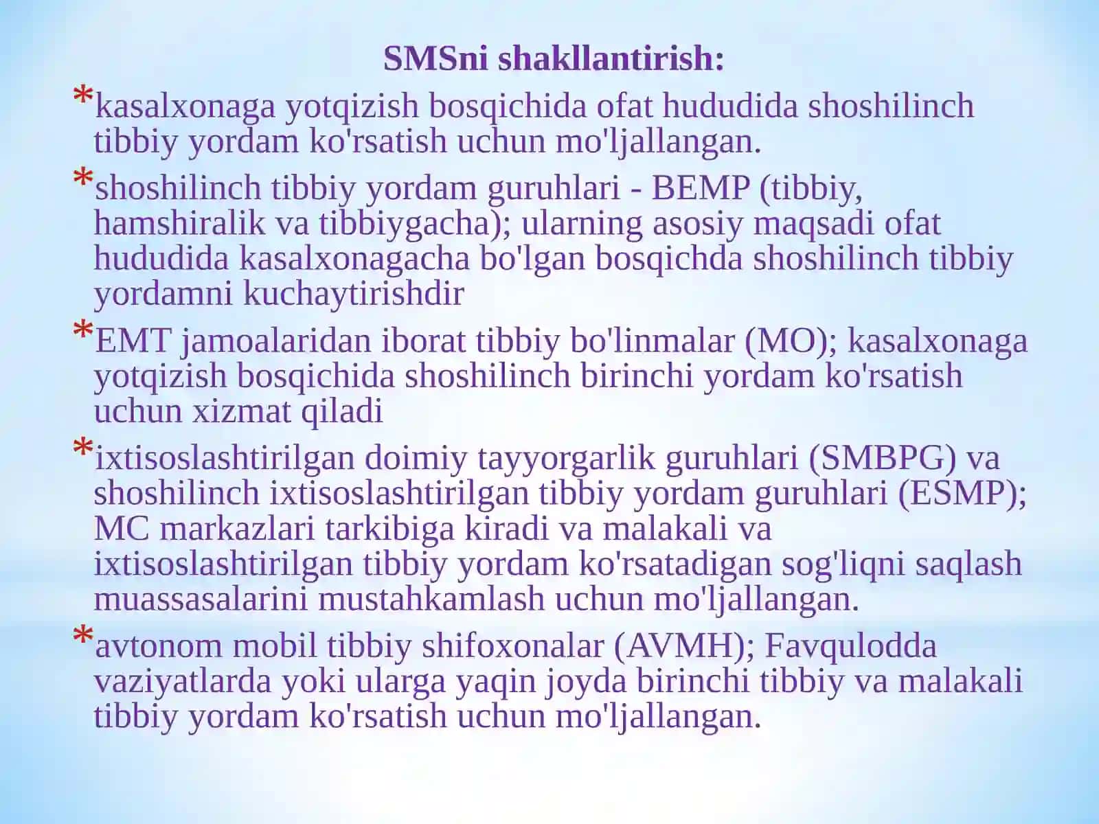Favqulodda vaziyatlar va ofatlarda tez yordam va shoshilinch tibbiy yordamni tashkil etish 4