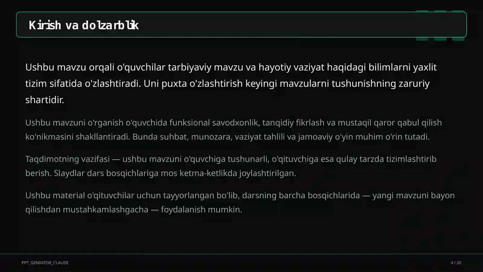 Sinf soati va tarbiyaviy tadbirlar (1–11) — o'qituvchilar uchun 4