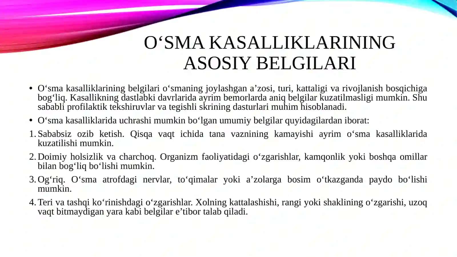 O‘sma kasalliklarini belgilari va uning tarqalishi ko‘rsatkichlarini tahlil etish. 4