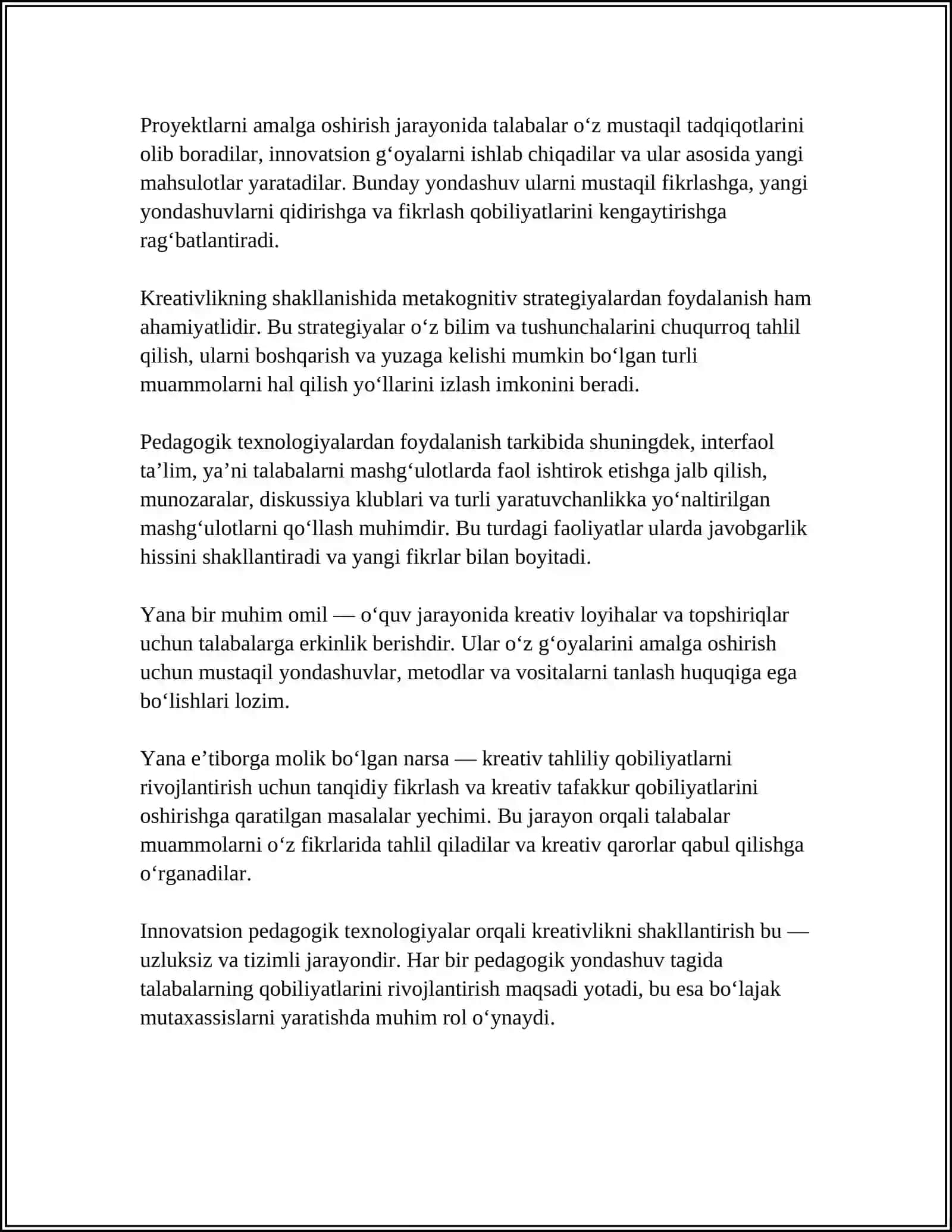 BO‘LAJAK MUTAXASSISLARDA KREATIVLIKNI SHAKLLANTIRISH YO' NALISHLARI 4