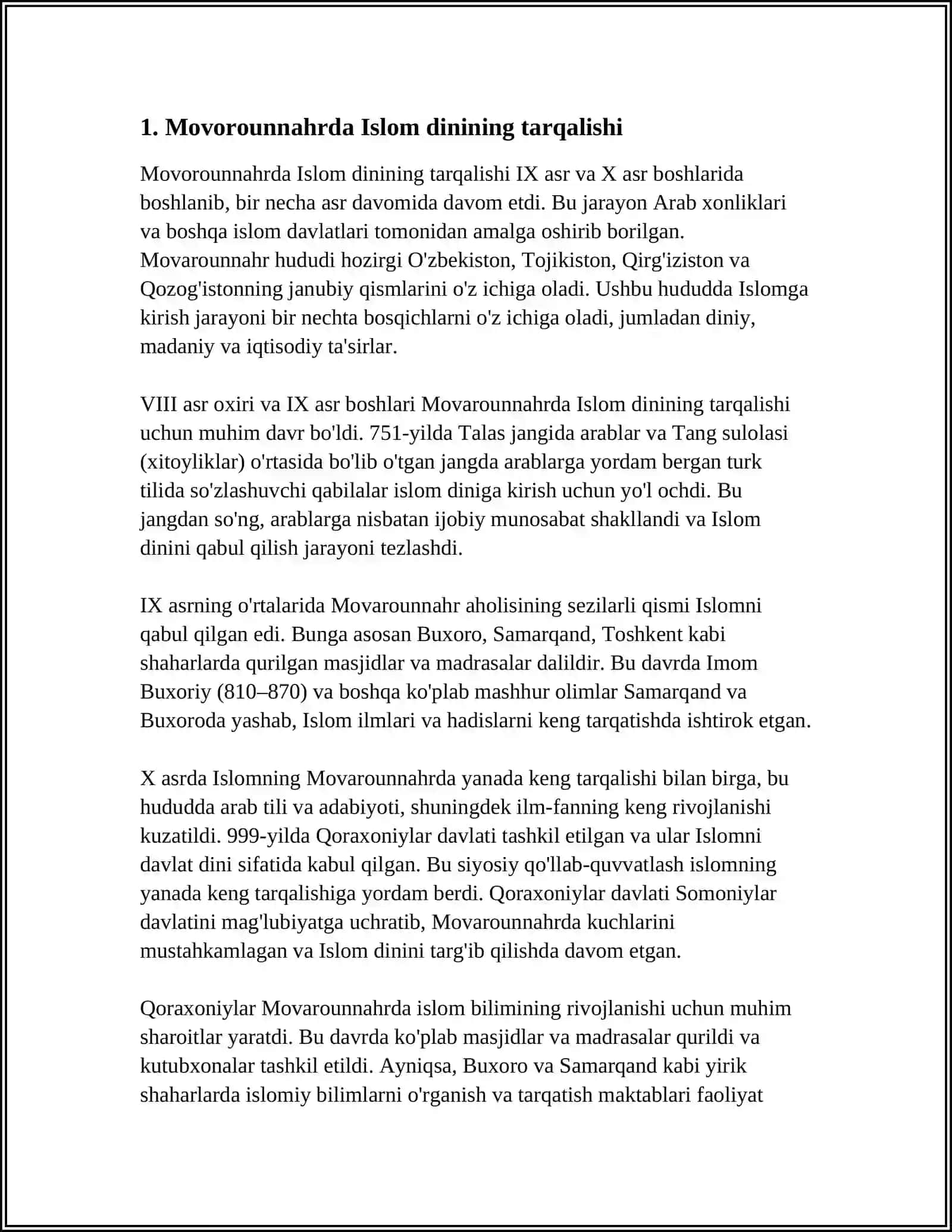 MOVOROUNNAHRDA ISLOM DININING TARQALISHI VA MADRASA TA'LIMI SHAKLLANISHINING IJTIMOIY MADANIY HAYOTGA TA'SIRI.BUXORO SHAHRIDAGI POYI-KALON ANSAMBLI TARKIBIGA KIRUVCHI VA HOZIRGI FAOLIYATINI DAVOM ETTIRAYOTGAN MIR-ARAB MADRASASI, UNING TARIXI HAQIDA MA'LUMOTLAR TO'PLASH.O'RTA OSIYODA, JUMLADAN BUXORO SHAHRIDA MAVJUD BO'LGAN OLIY, O'RTA VA QUYI MADRASALARNI ALOHIDA JADVAL HOLATIGA KELTIRISH 4
