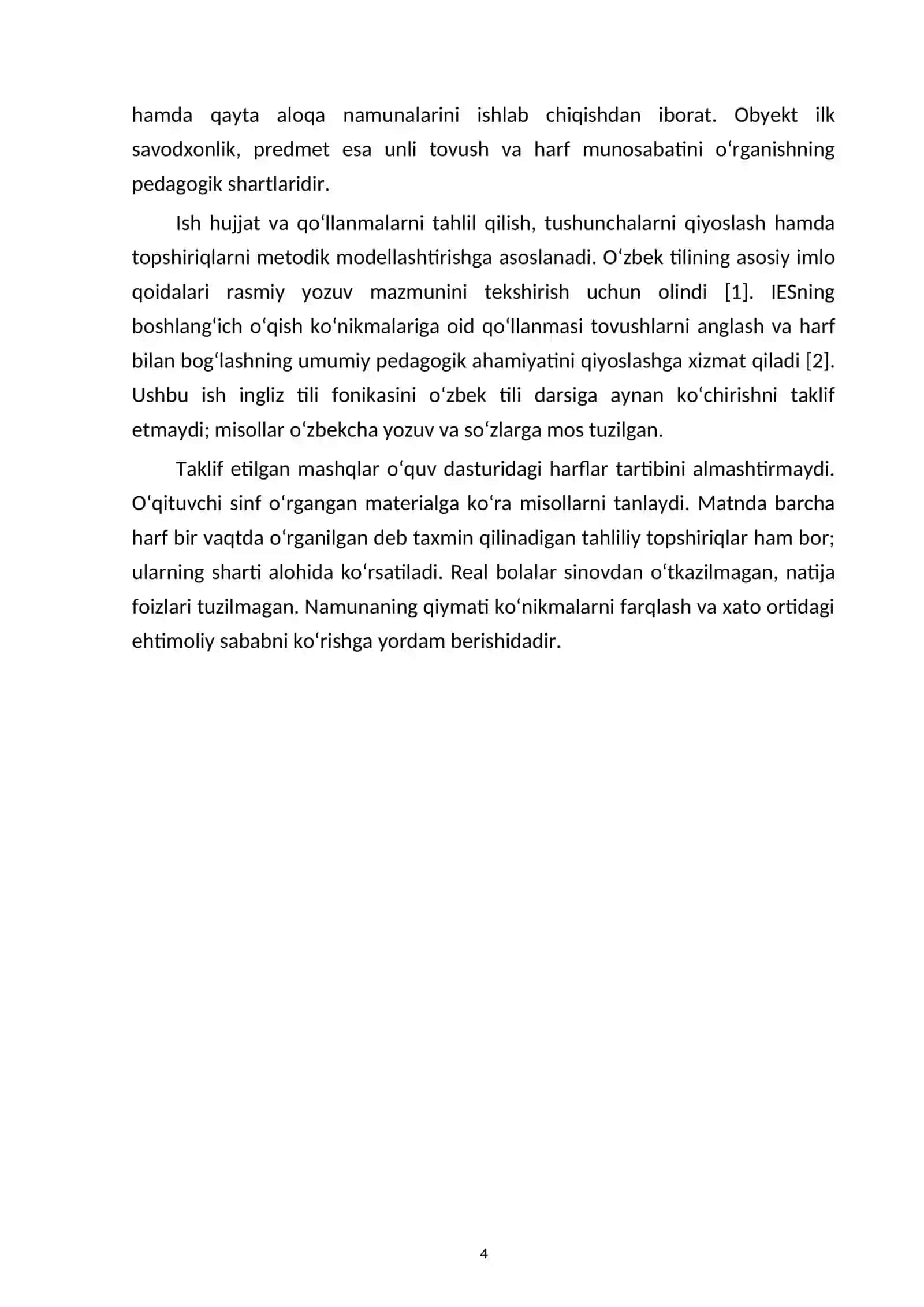 Boshlang‘ich sinfda unli tovush va harflarni o‘rgatishning nazariy hamda metodik asoslari — kurs ishi namunasi 4