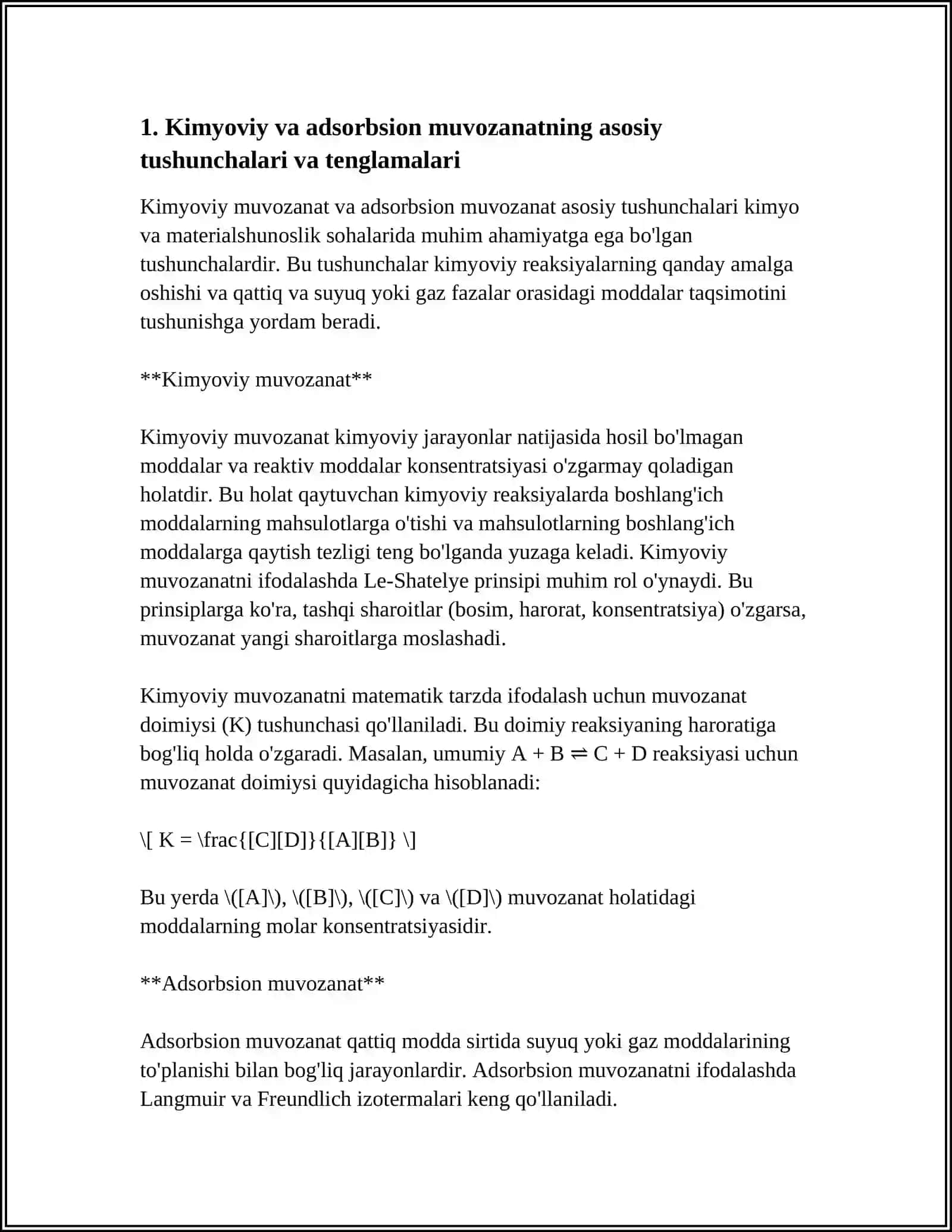 Mavzu: KIMYOVIY VA ADSORBSION MUVOZANATLAR. KIMYOVIY MUVOZANAT. MASSALAR TA‘SIRI QONUNI. ENTROPIYA VA TURLI JARAYONLAR VAQTIDA ENTROPIYANING O‘ZGARISHINI HISOBLASH. ERITMALAR VA TO‘YINGAN BUG‘ BOSIMI ORASIDAGI MUVOZANAT DIAGRAMMALARI. RAUL QONUNI.SGV BUG‘I BILAN HAYDASH. FRAKSION HAYDASH. OSMOTIK BOSIM.VANN GOFF TENGLAMASI. IZOTONIK ERITMALAR. OSMOTIK BOSIMNING BIOLOGIK JARAYONLARDAGI AHAMIYATI. GIPPSNING FAZALAR QONUNI. BIR KOMPONENTLI SISTEMALAR SU 4
