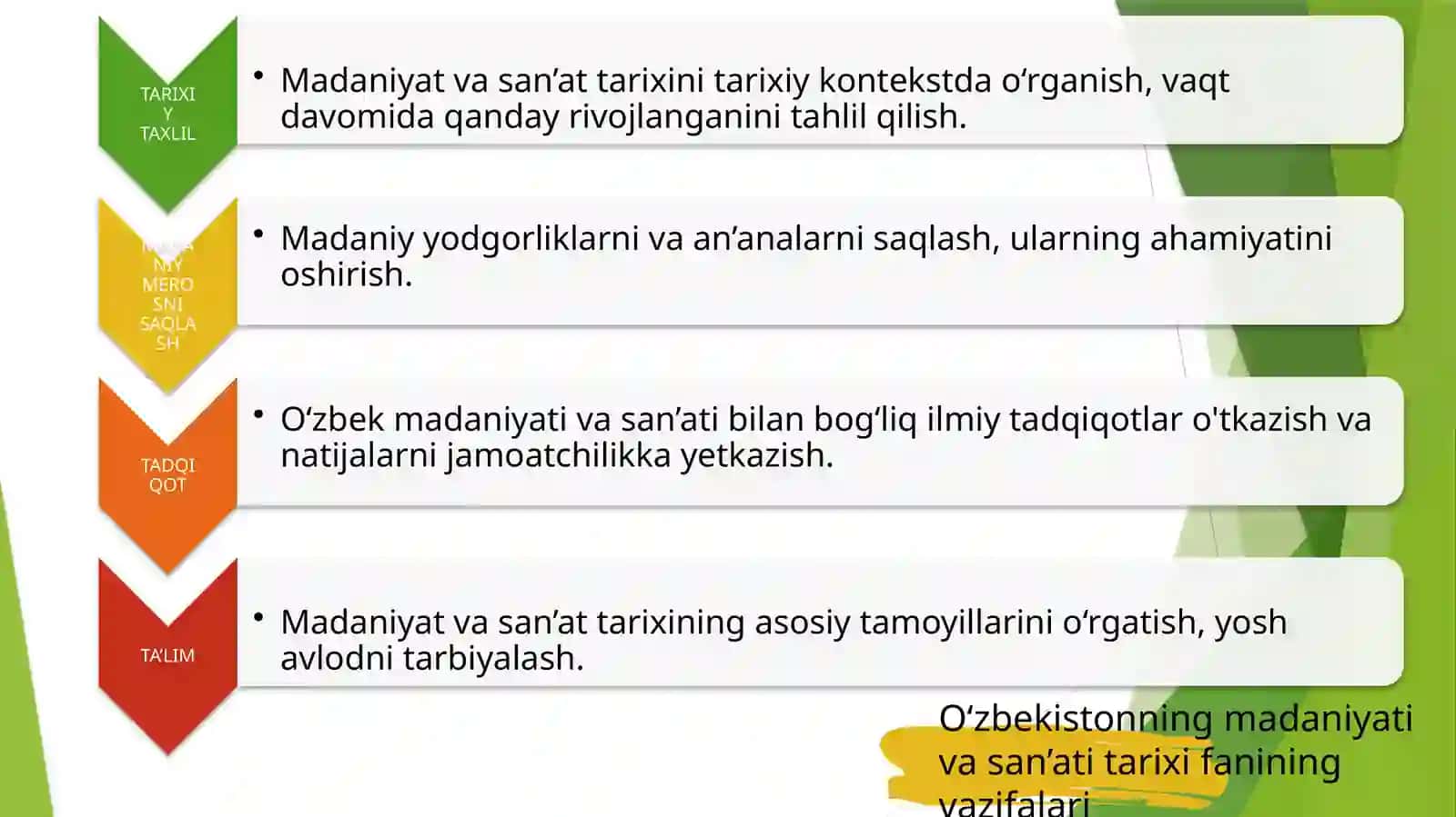 O‘ZBEKISTONNING MADANIYATI VA SAN’ATI TARIXI FANINING MAQSADI VA VAZIFALARI. (2) 4