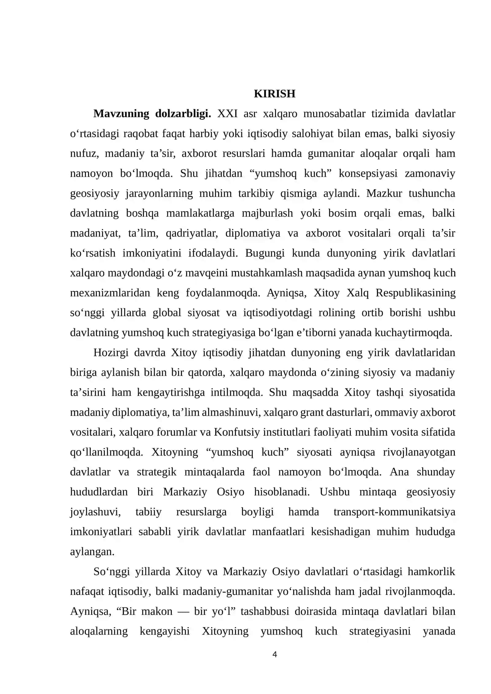 YUMSHOQ KUCH” KONSEPSIYASI DOIRASIDA XITOY VA MARKAZIY OSIYO O‘RTASIDAGI MADANIY-GUMANITAR ALOQALAR 4