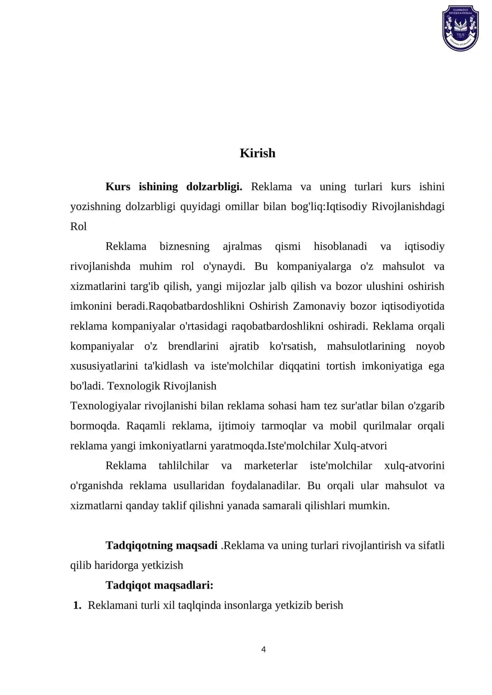 BOSHQARUVCHI MARKETING FANIDAN KURS LOYIHASI MAVZU: Reklama va uning turlari 4