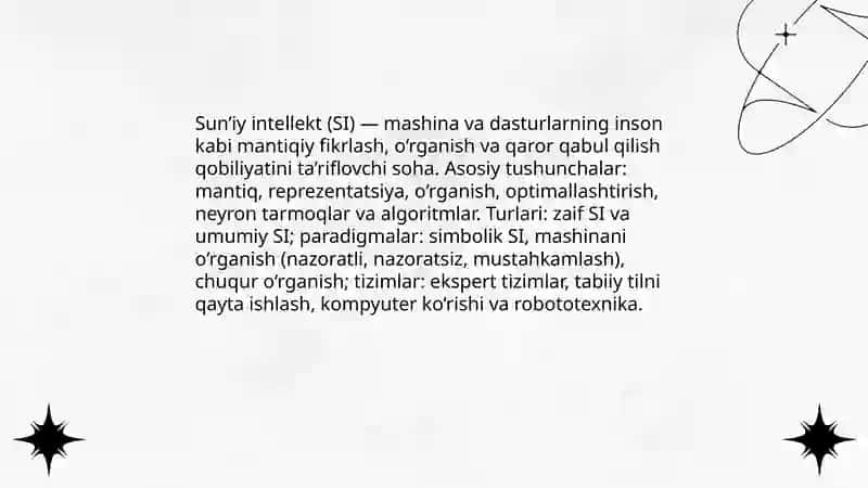 Sun’iy intellektga kirish. Asosiy tushunchalar va sohalarda qo‘llanilishi 4
