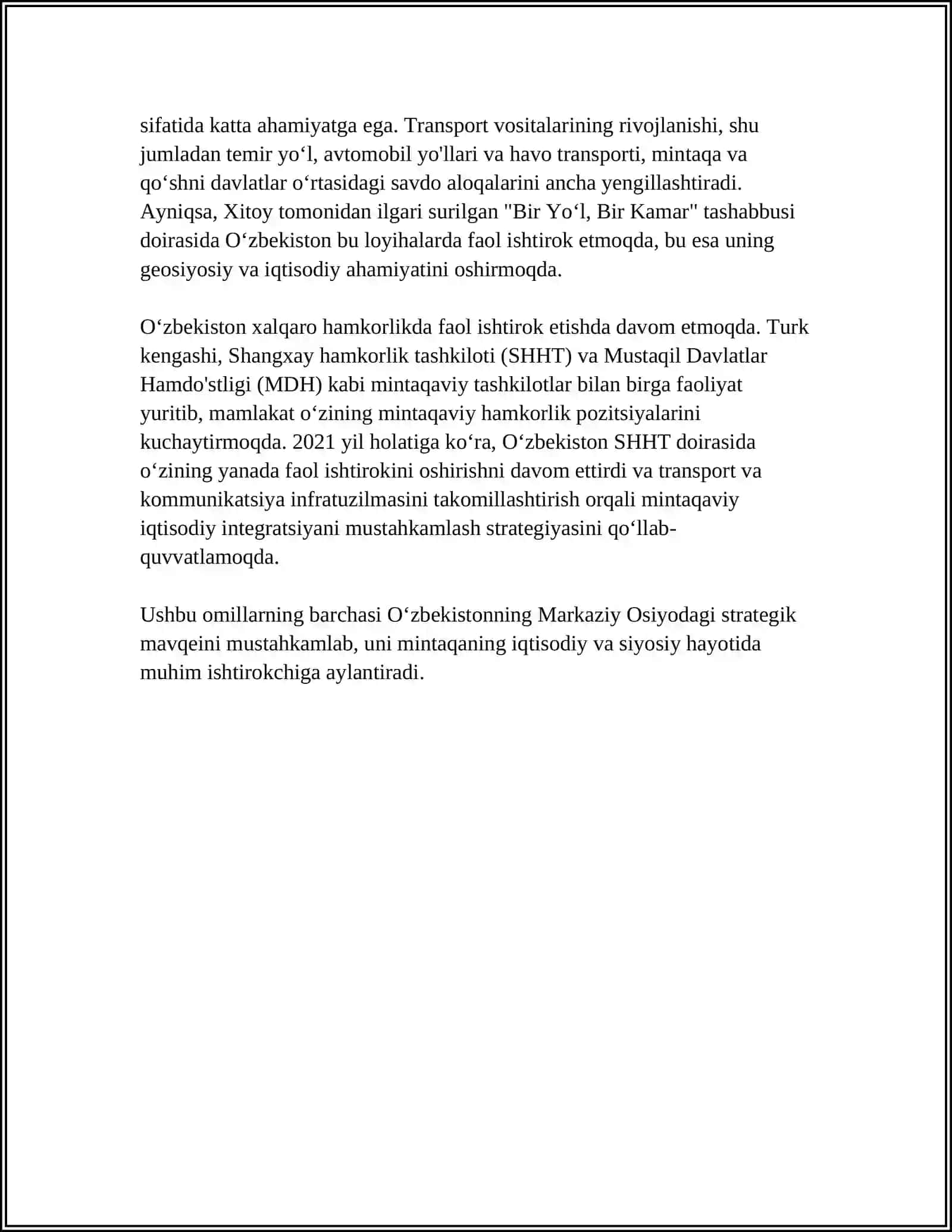 OʻZBEKISTONNING MARKAZIY OSIYODA TINCHLIK VA BARQARORLIKDAGI OʻRNI 4
