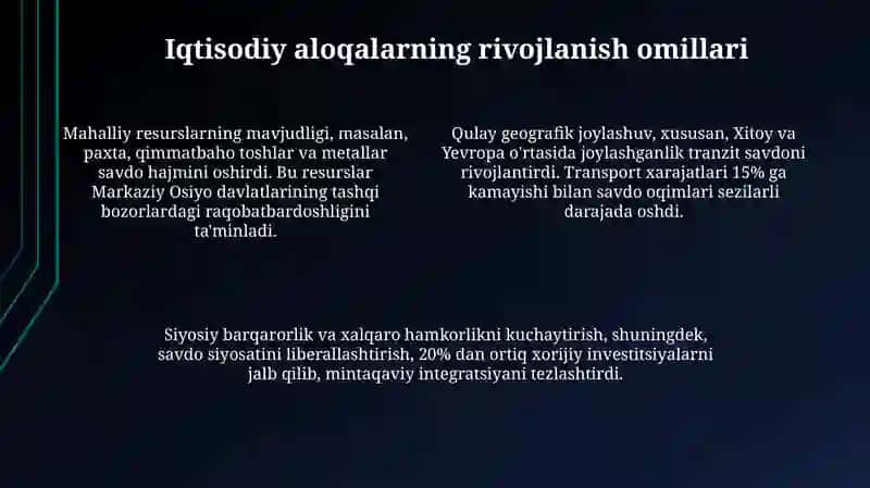 Buyuk ipak yoʻlini oʻrta osiyoda iqtisodiy munosabatlar rivojlanishidagi oʻrni 4