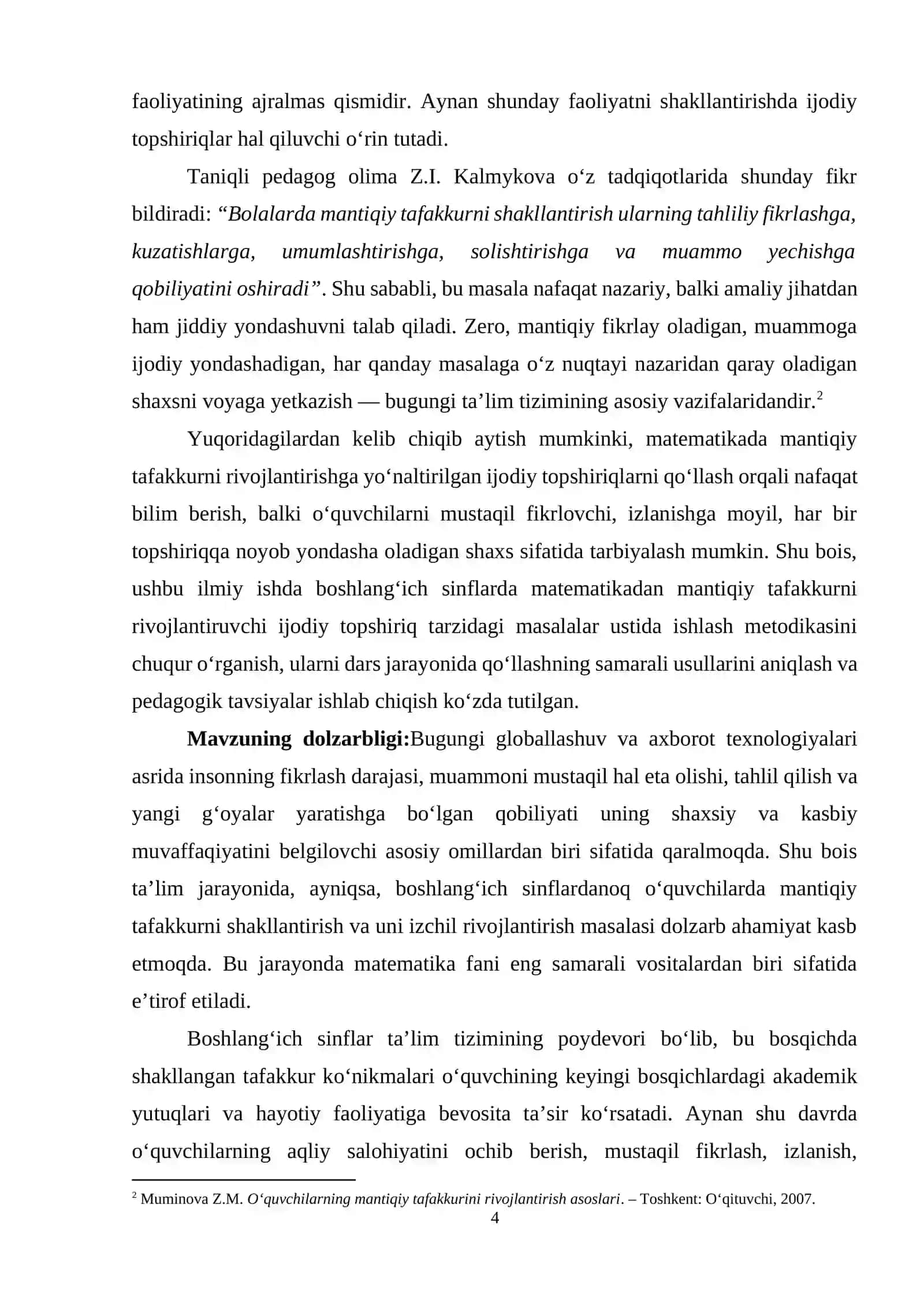 BOSHLANGʻICH SINFLARDA MATEMATIKADAN, MATIQIY TAFAKKURNI RIVOJLANTIRUVCHI IJODIY TOPSHIRIQ TARZIDAGI MASALALAR USTIDA ISHLASH METODIKASI 4