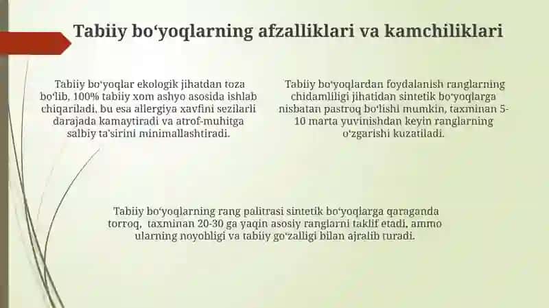 Tabiiy boyoqlar: kelib chiqishi Va qollanilishi 4