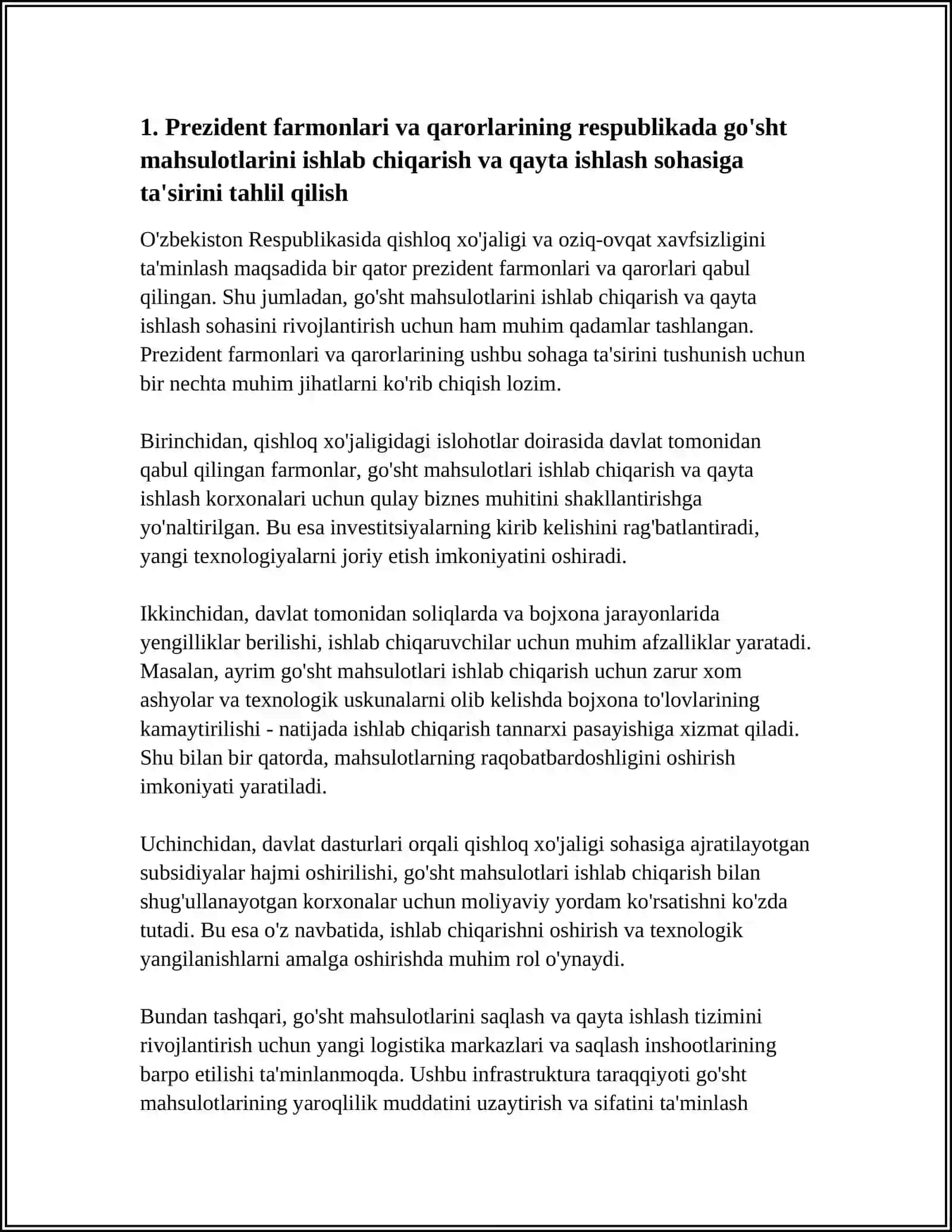 RESPUBLIKADAGOSHT MAHSULOTLARINI ISHLAB CHIQARISHNI VA ULARNI QAYTA ISHLASH VA SAQLASH BORASIDA QABUL QILINGAN PREZIDENT FARMONLARI,QARORLARI VA BOSHQA XORIJIY XUJJATLARINI OʻRGANISH 4
