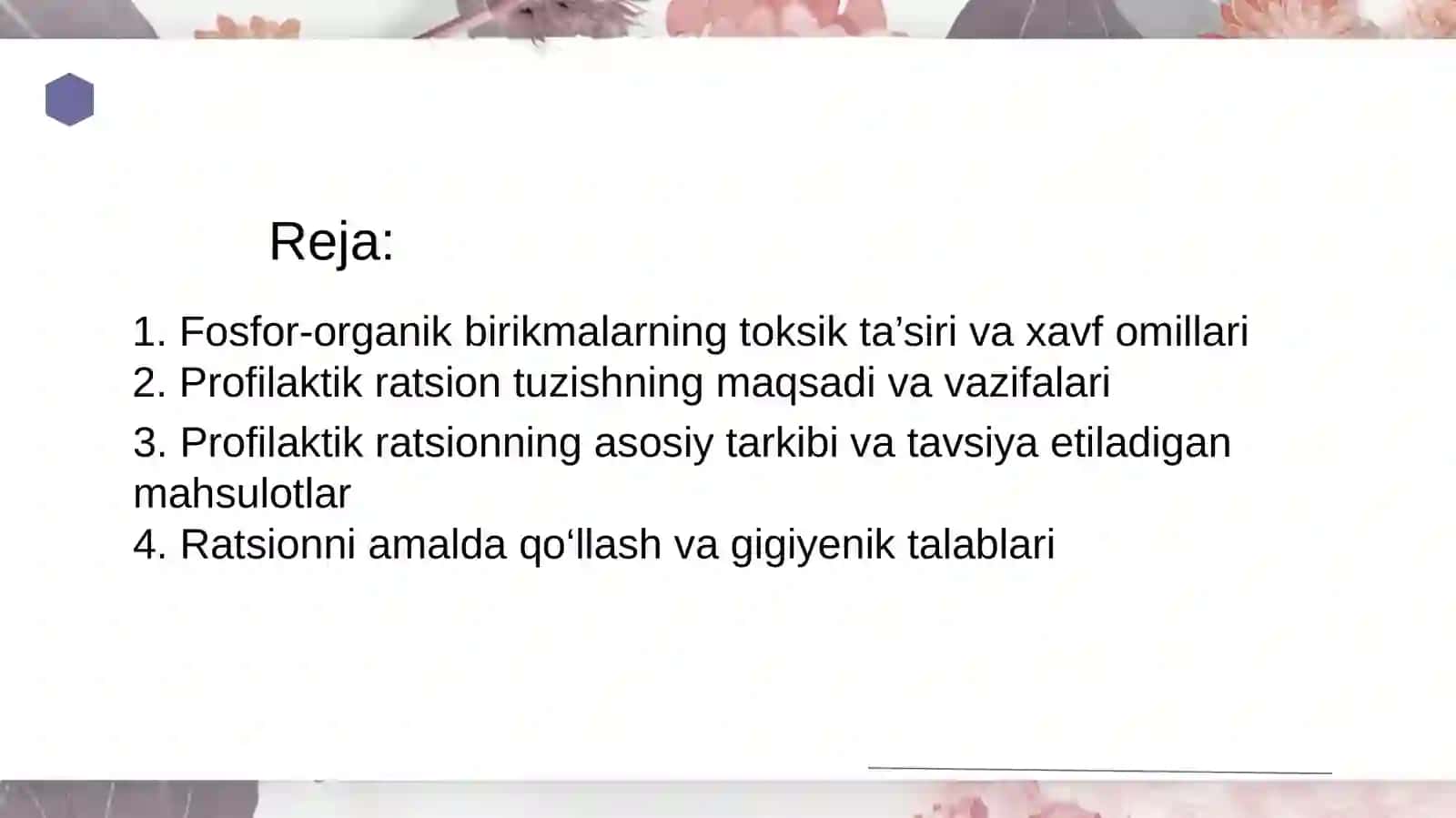 Fosfororganik birikmalar bilan ishlovchilar uchun profilaktik ratsion tuzish 4