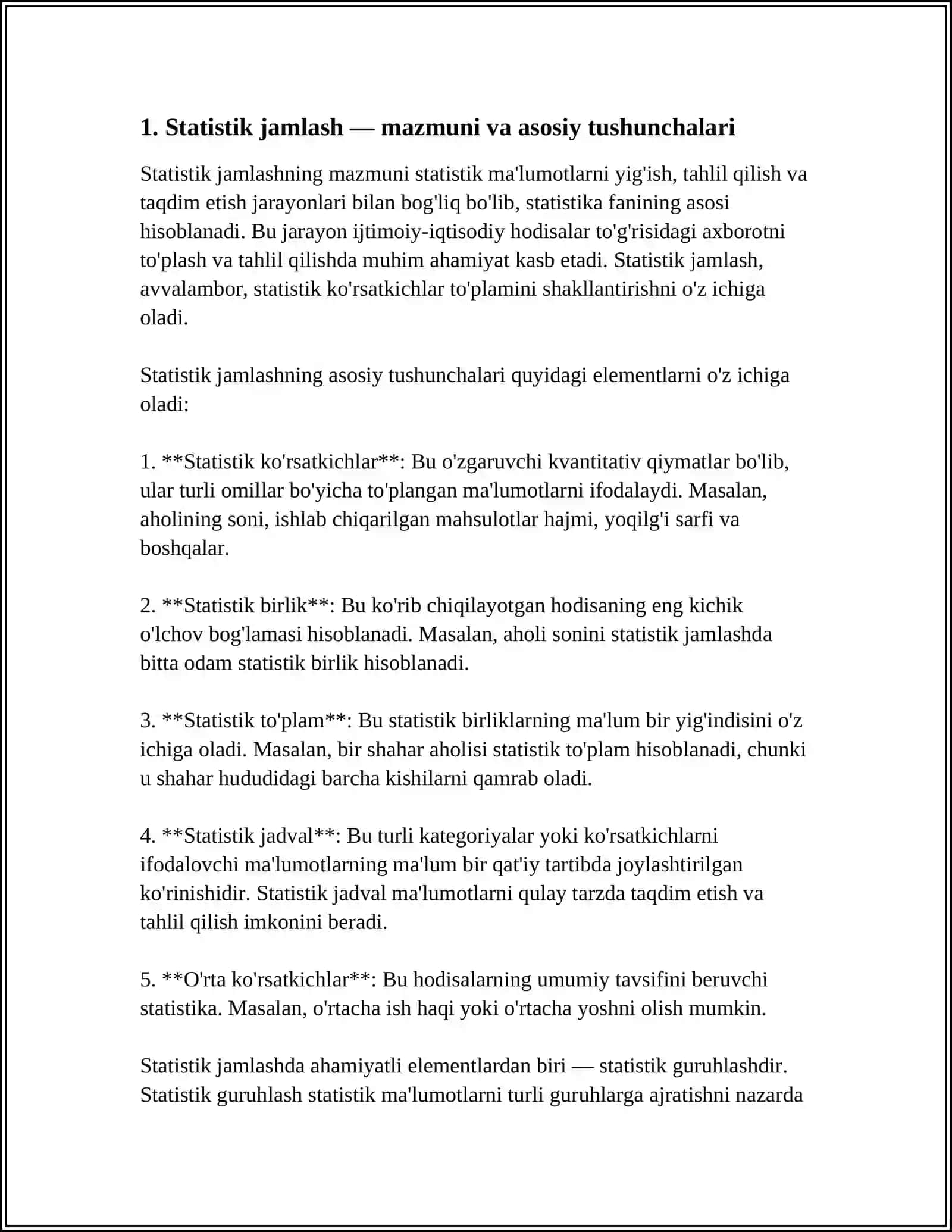 STATISTIK JAMLASHNING MAZMUNI VA UNI MASALALARI. STATISTIK GURUHLASHNING MOHIYATI VA UNI IJTIMOIY-IQTISODIY HODISALAMI TAHLIL QILISHDA AHAMIYATI 4