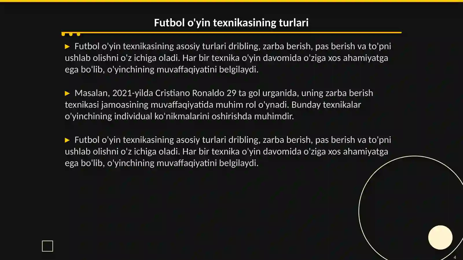 Futbol o'yin texnikasi va taktikasini tasnifi 4