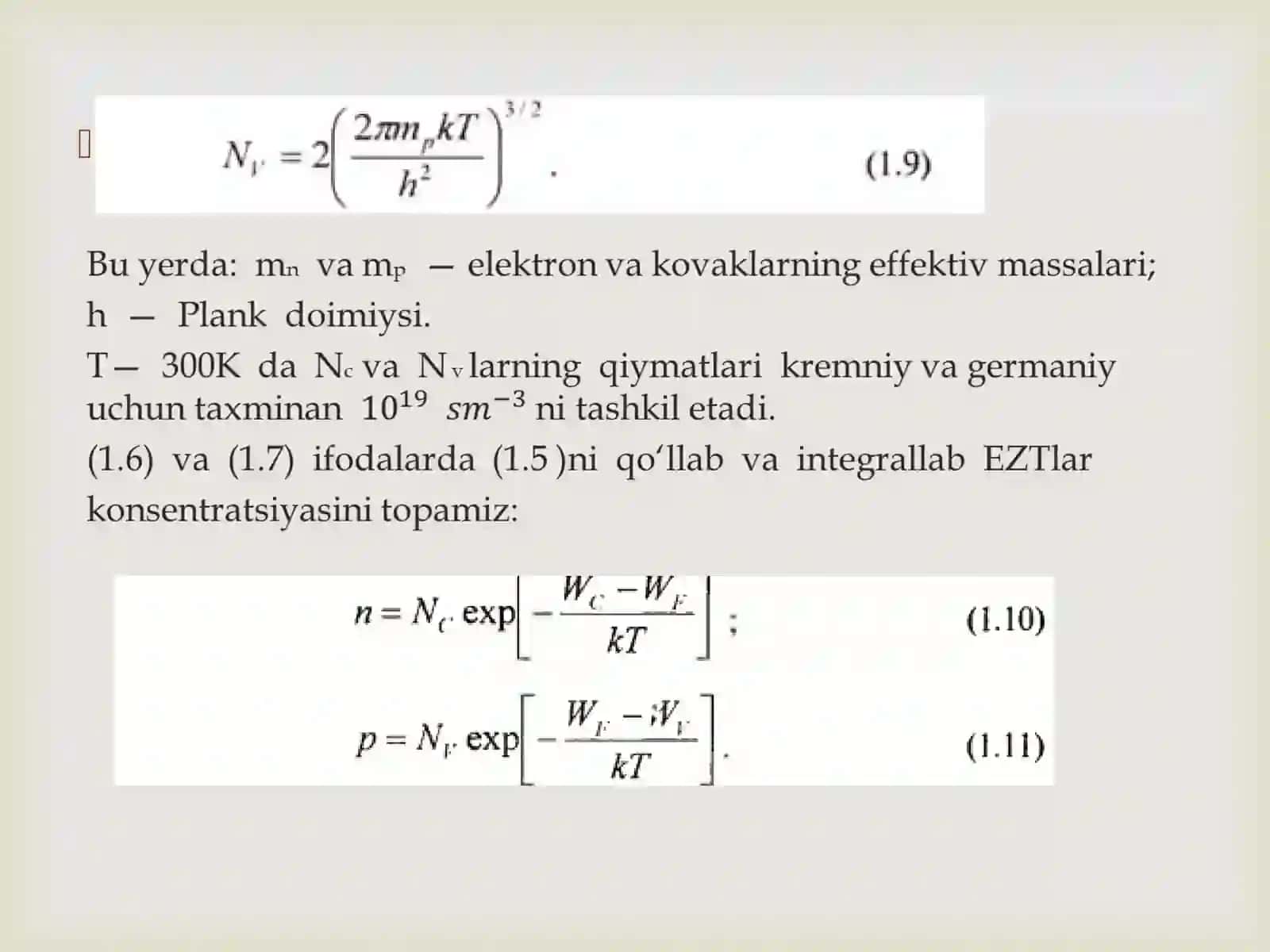 Erkin  zaryad  tashuvchilarning muvozanat  holatdagi konsentratsiyasi 4
