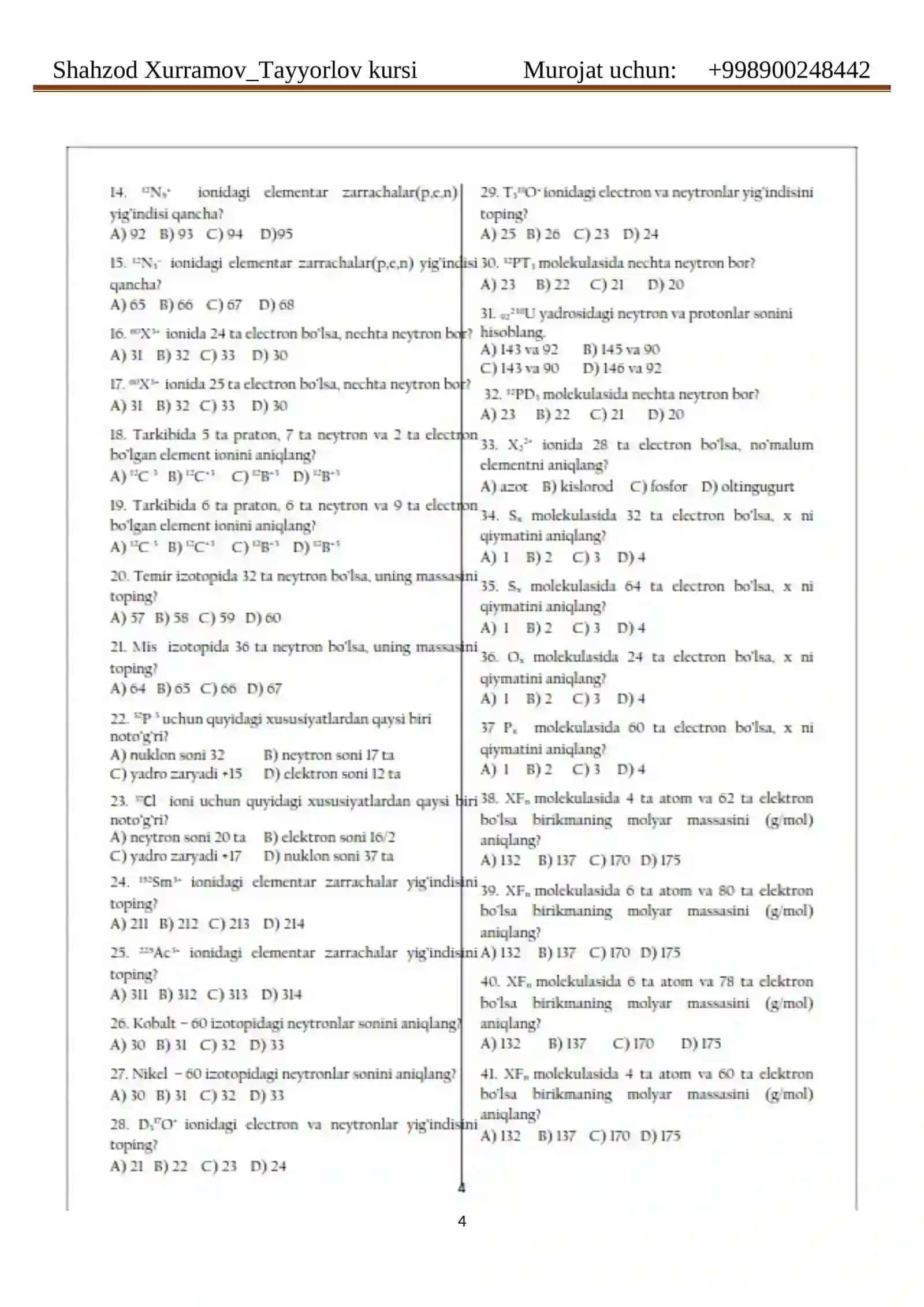 Kimyodan masalalar to'plami DTM FORMATIDA KALITI BILAN 4