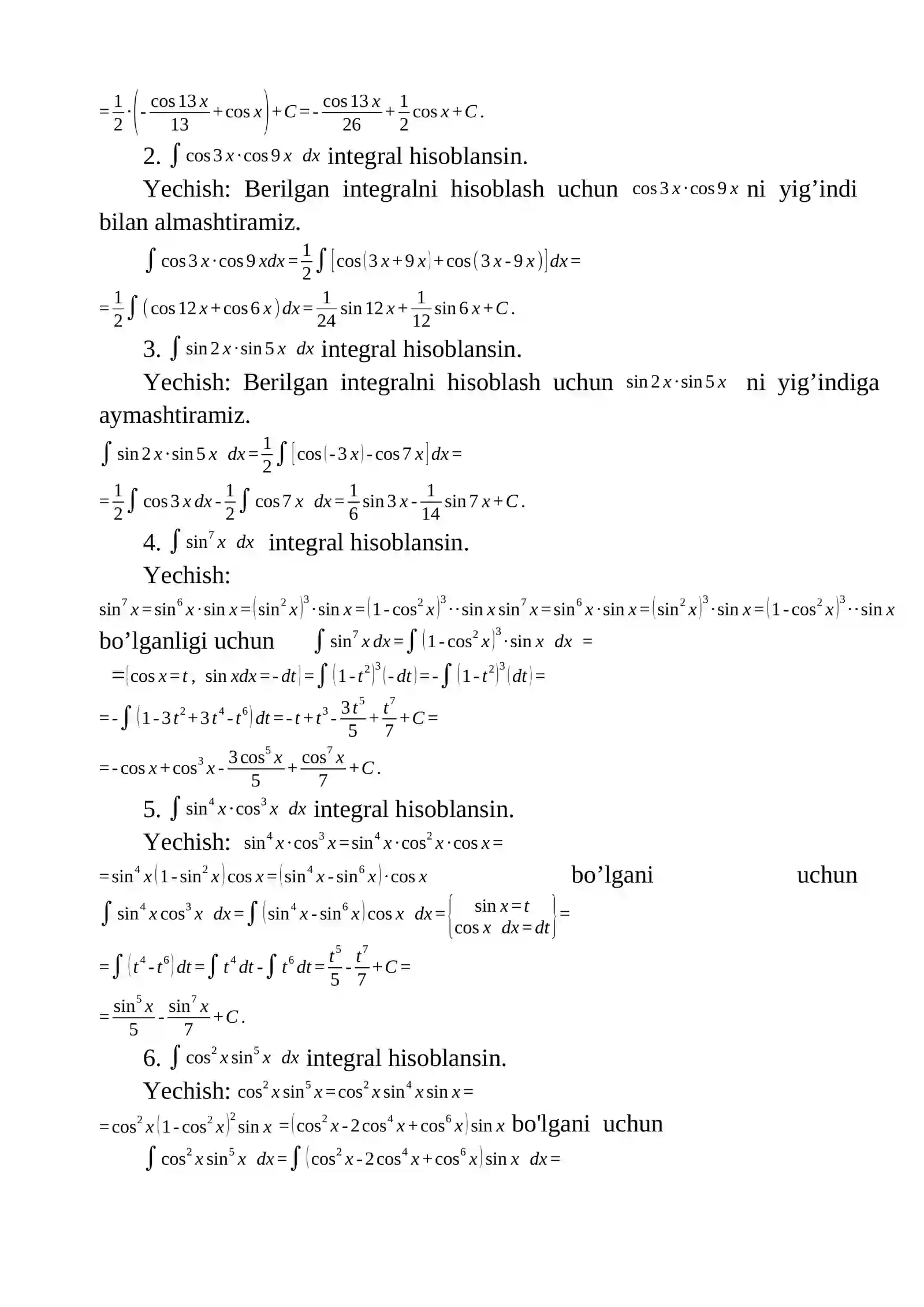 Trigonometrik funksiyalarni integrallash 4