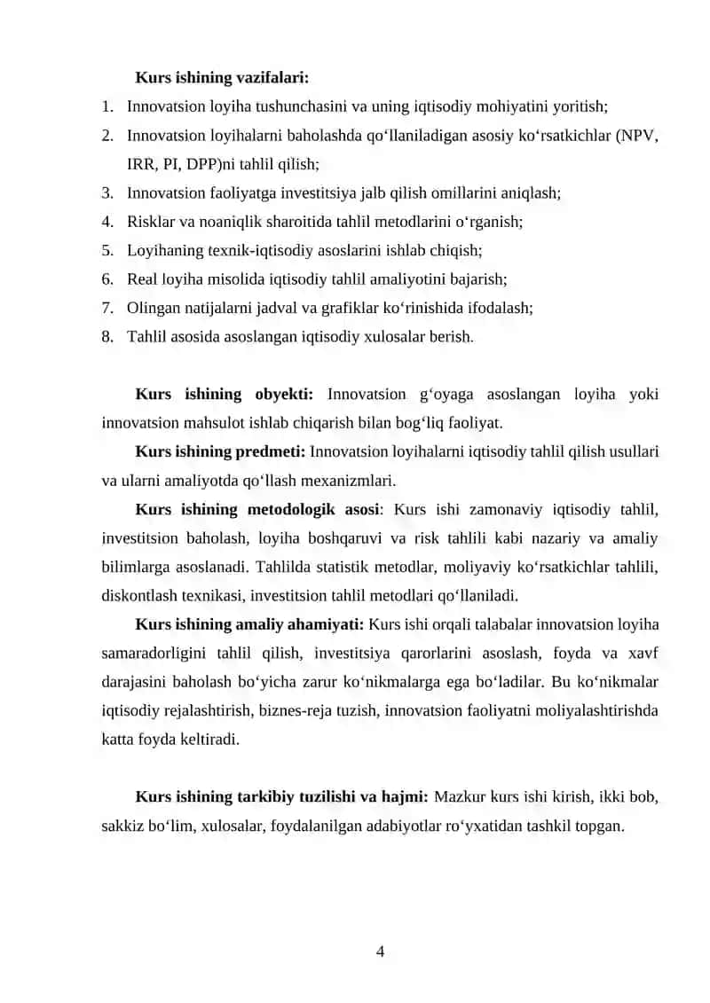 Innovatsion loyihalarni iqtisodiy tahlil qilish kursi 4