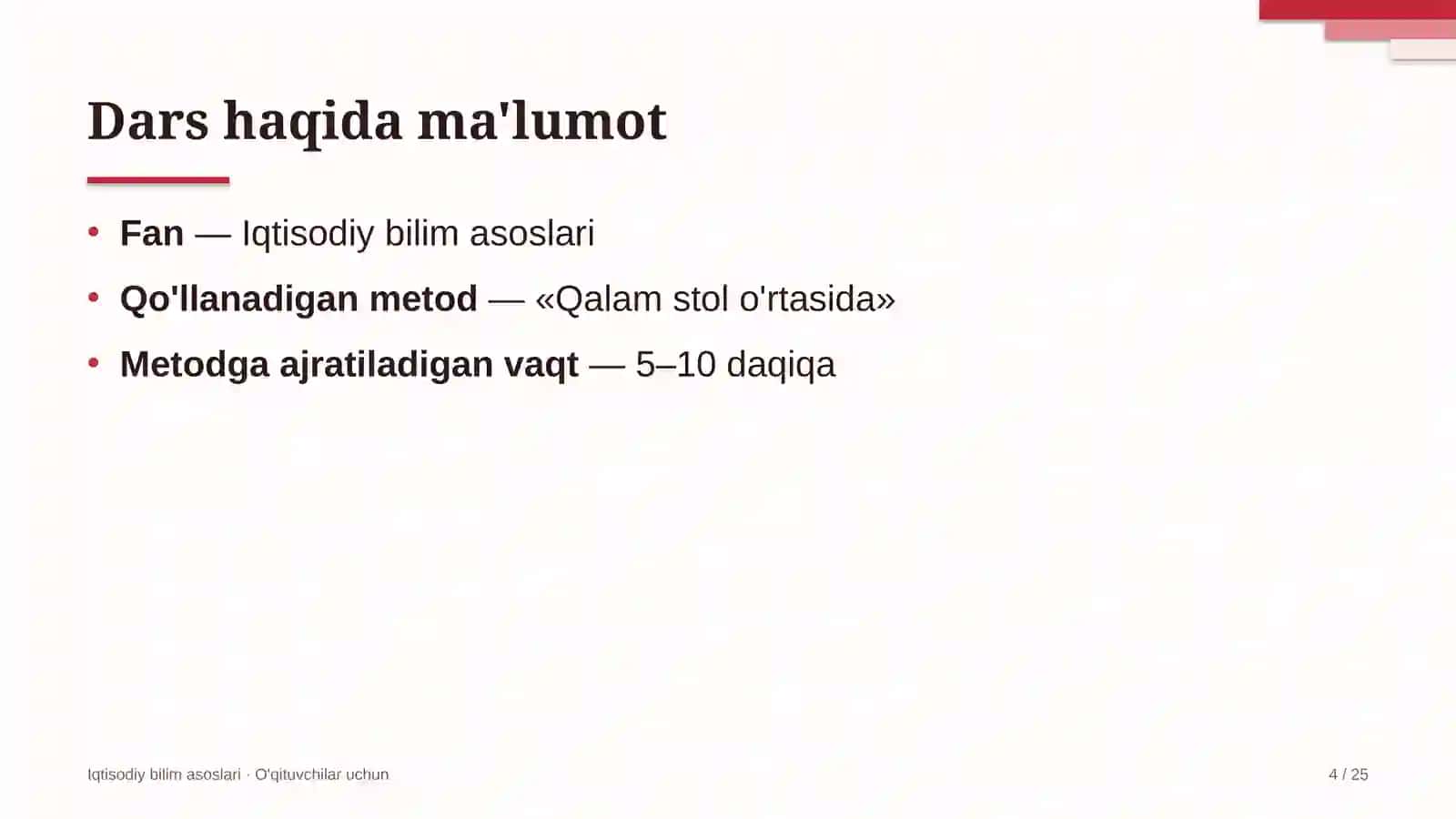 iqtisodiy bilim asoslari darslarida qalam stol o'rtasida metodidan foydalanish 2895 4