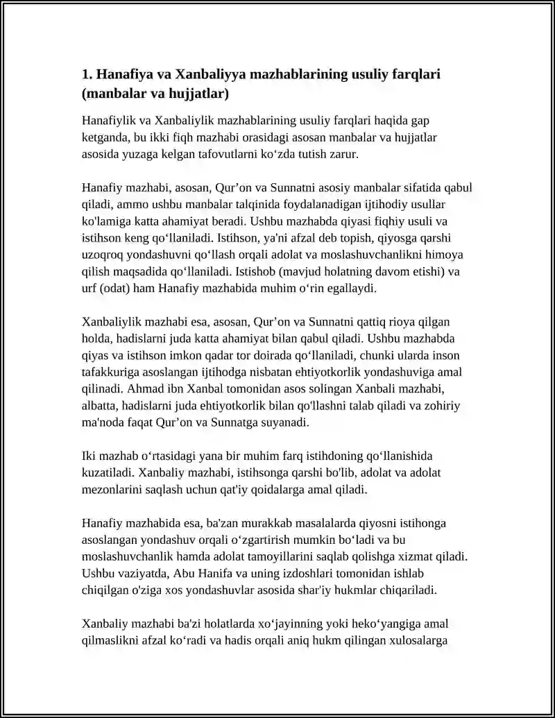 HANAFIYLIK VA XANBALIYLIK MAZHABINING O'ZARO FARQLARI 4