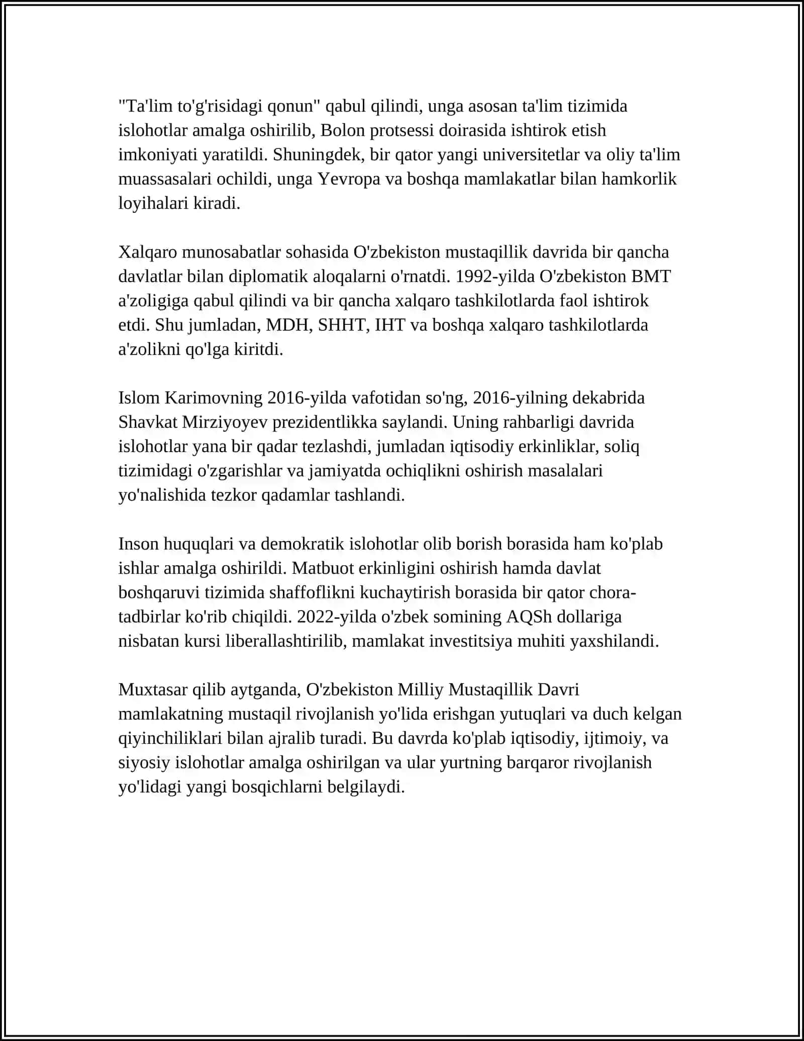 O'ZBEKISTONNING O'ZIGA XOS ISTIQLOL VA TARAQQIYOT YO'LI 4