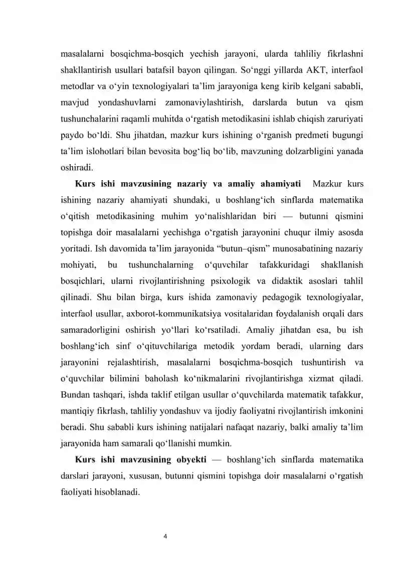 O‘quvchilarni boshlang‘ich sinflarda butunni qismini topishga doir masalalar yechishga o‘rgatish kurs ishi 4