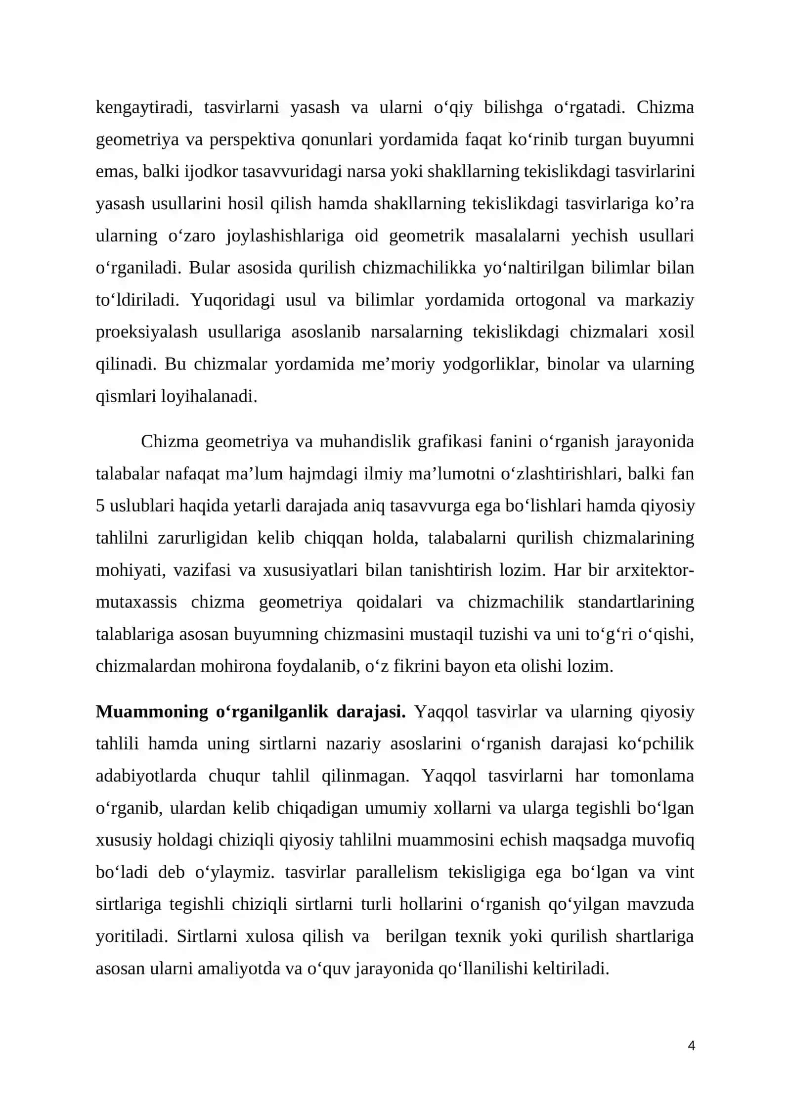 TASVIRİY SAN'AT VA MUHANDİSLİK GRAFİKASİ YO'NALİSH 4