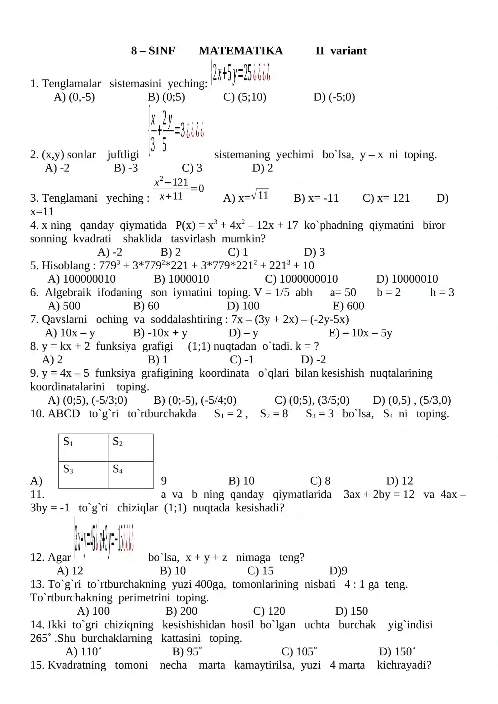 MATEMATIKA 8-sinf Yozma ish 4