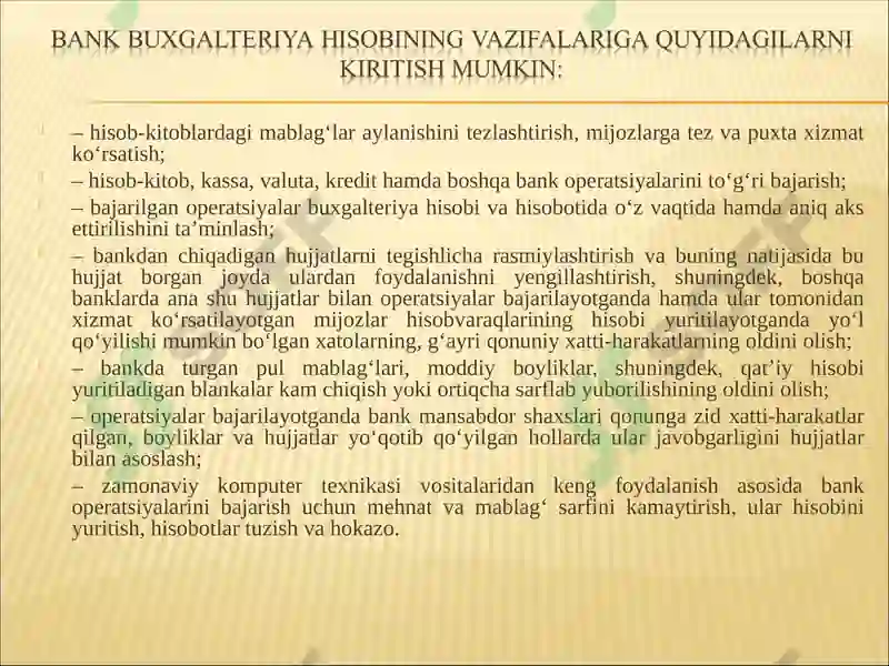 BANKLARDA BUXGALTERIYA HISOBINI TASHKIL QILINISHI 5