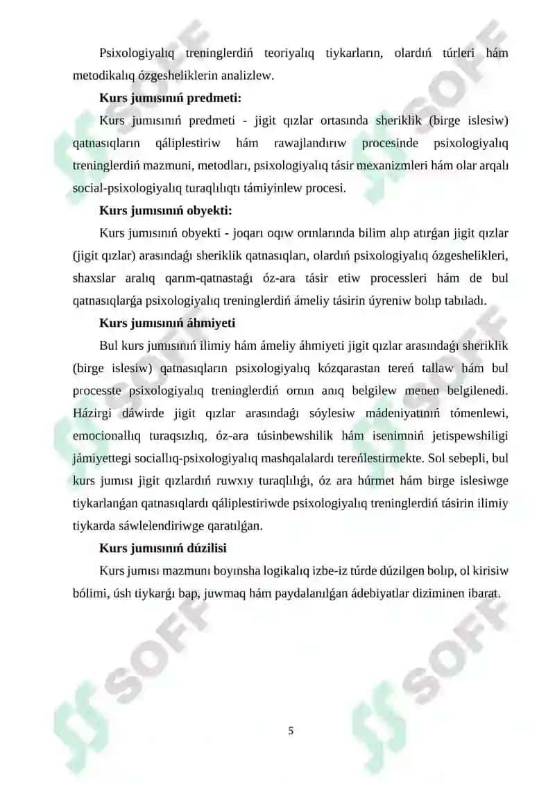 Jigit qızlar arasında sheriklik qatnasıqların qáliplestiriwde psixologiyalıq treningniń ornı 5