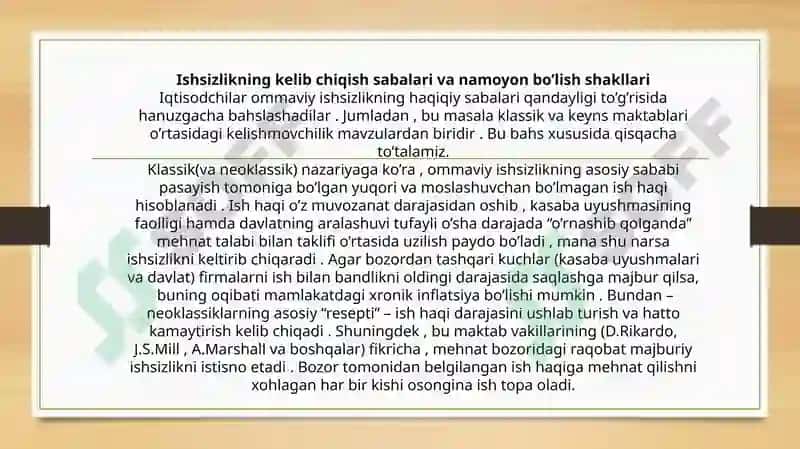 Ishsizlikning kelib chiqish sabablar va namoyon bolish shakllari 5