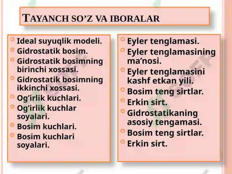 GIDROSTATIK BOSIM VA UNING XOSSALARI. TINCH XOLATDAGI SUYUQLIKNING ASOSIY DIFFERENTSIALTENGLAMA 5