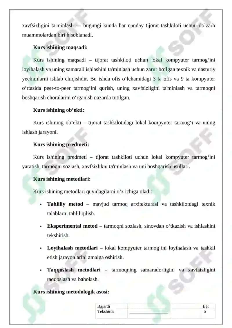 Tijorat tashkiloti uchun lokal kompyuter tarmogʻini ishlab chiqish 5