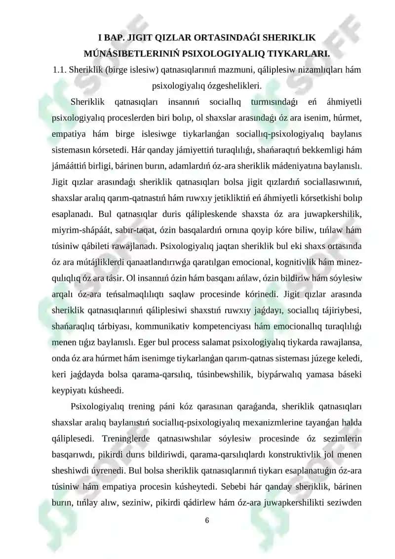 Jigit qızlar arasında sheriklik qatnasıqların qáliplestiriwde psixologiyalıq treningniń ornı 6