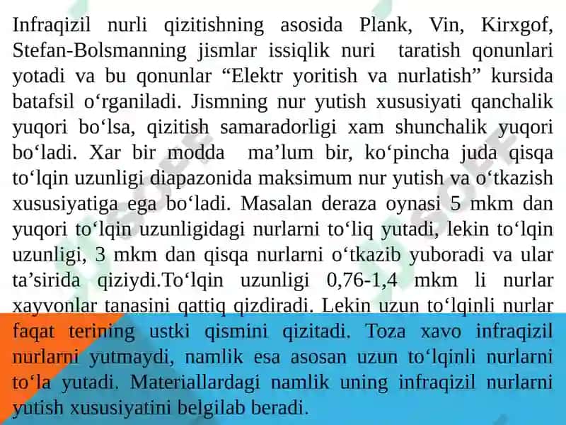 INFRAQIZIL NURLI VA ELEKTR YOYLI QIZITISH QO‘LLANISHSOHALARI 6