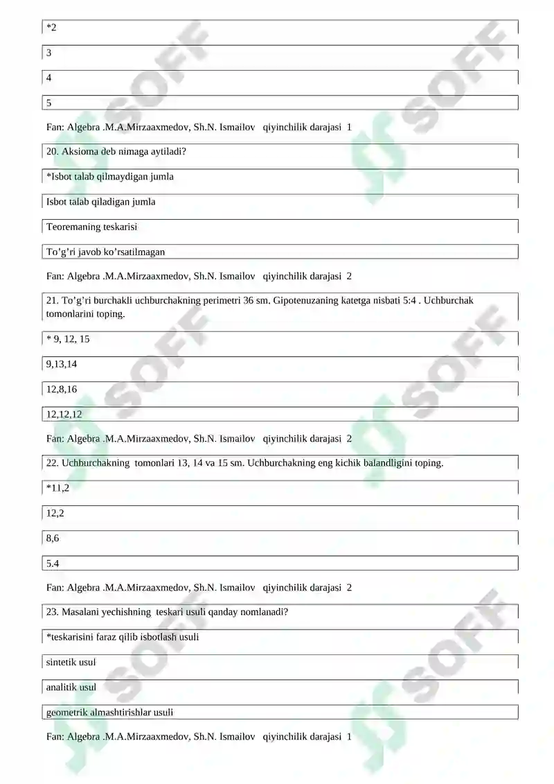 10-sinf matematika 200 ta test 6