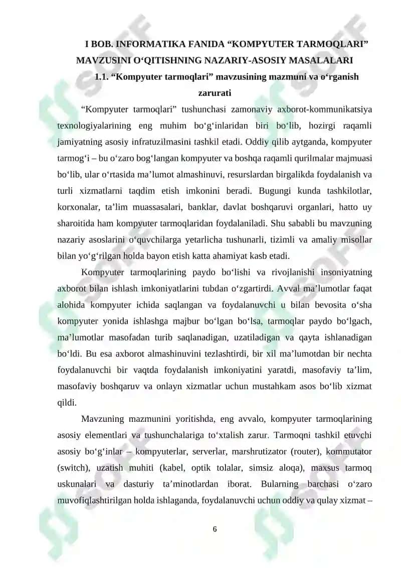 Umumiy o‘rta ta’lim maktablarining 8-sinfida “Informatika va axborot texnologiyalari” fanidan “Kompyuter tarmoqlari. Asosiy tushunchalar” mavzusini o‘qitishda interfaol metodlardan foydalanish 6