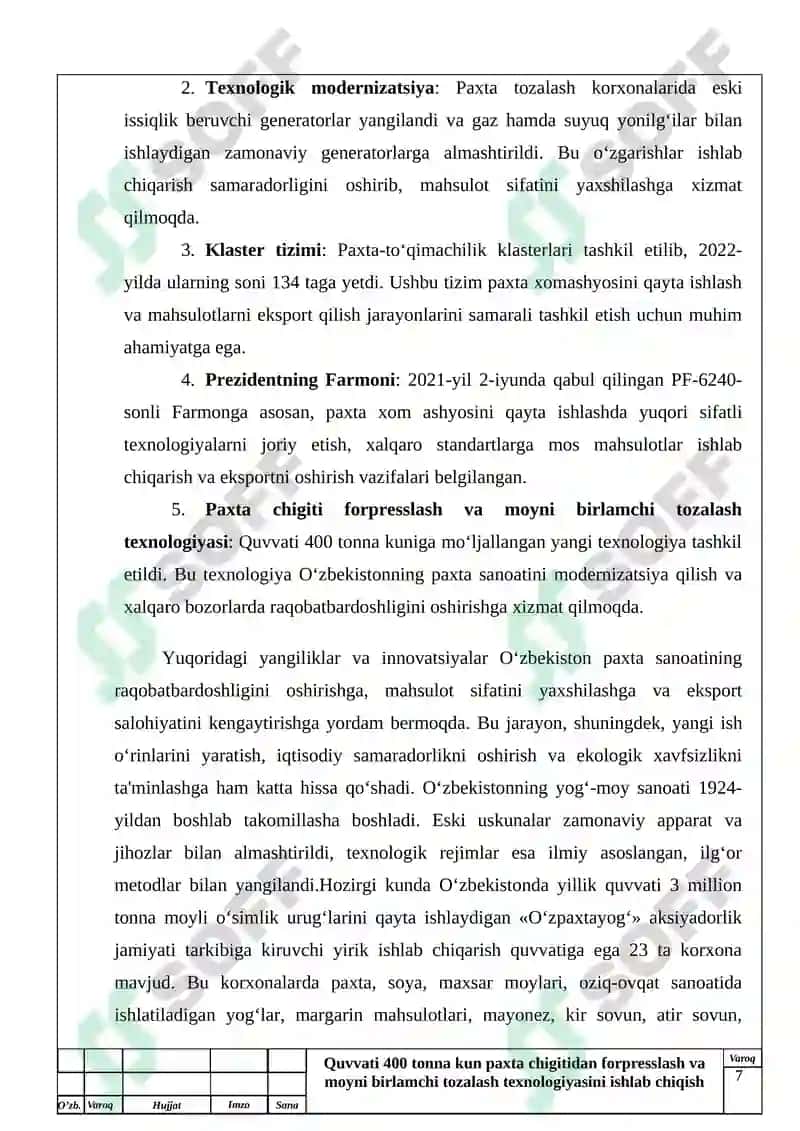 Quvati 400 tona paxta chigitidan forfreslash va moyin birlamchi tayorlash texnalogiyasi 7