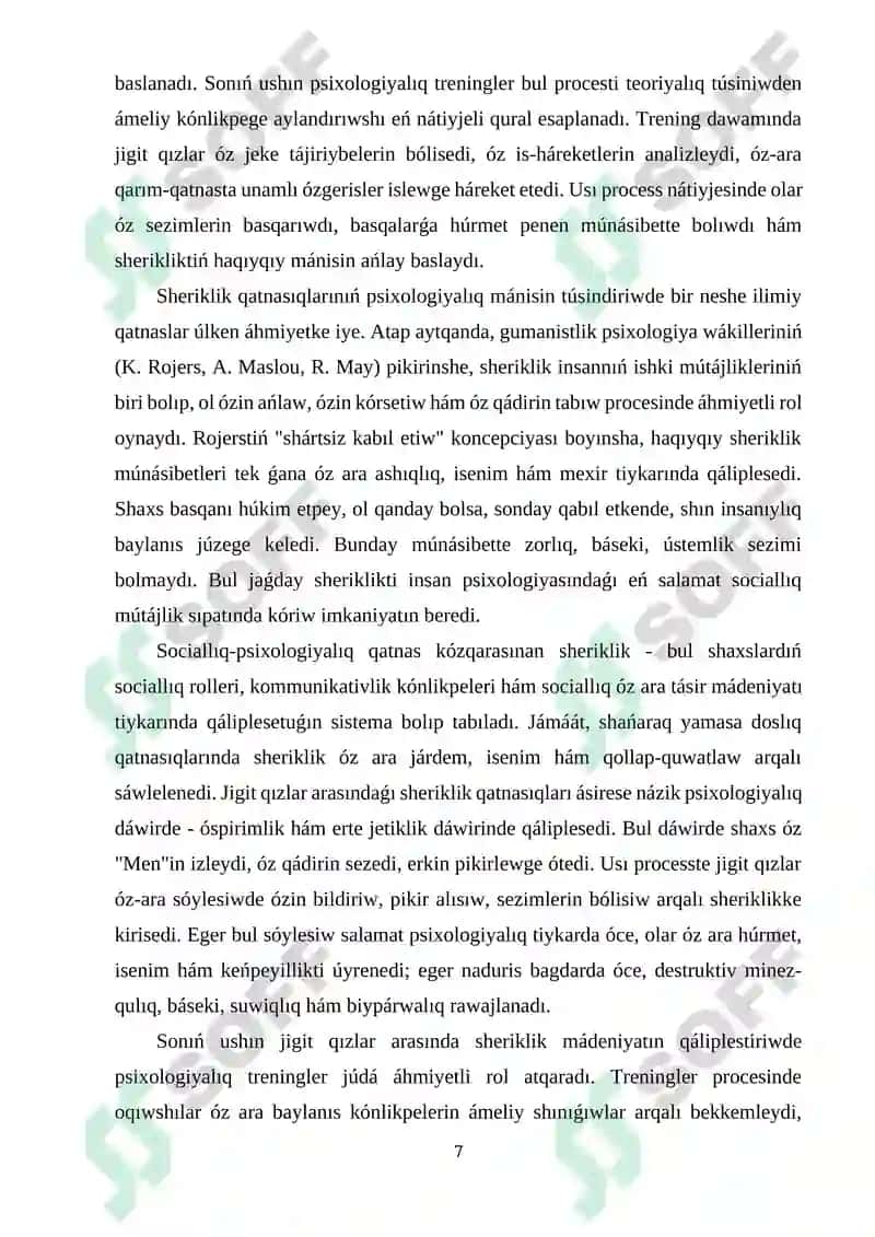 Jigit qızlar arasında sheriklik qatnasıqların qáliplestiriwde psixologiyalıq treningniń ornı 7