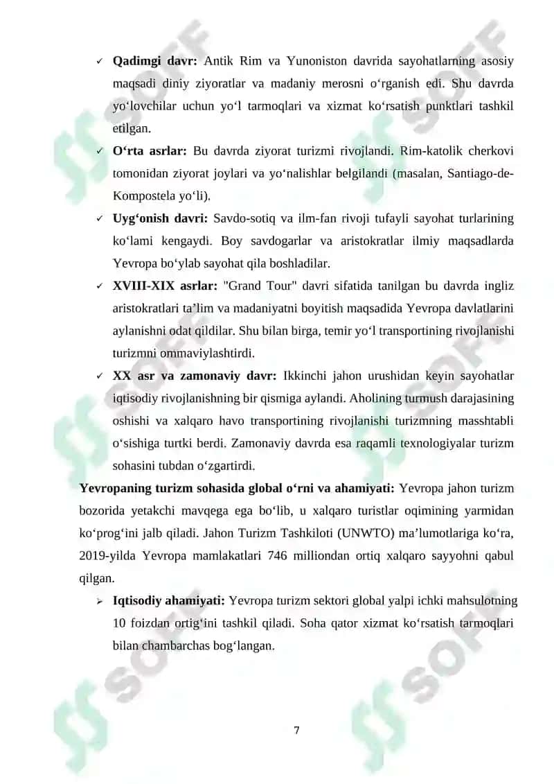 "YEVROPA TURIZMNING RIVOJLANISHI" mavzusida tayyorlangan KURS ISHI 7
